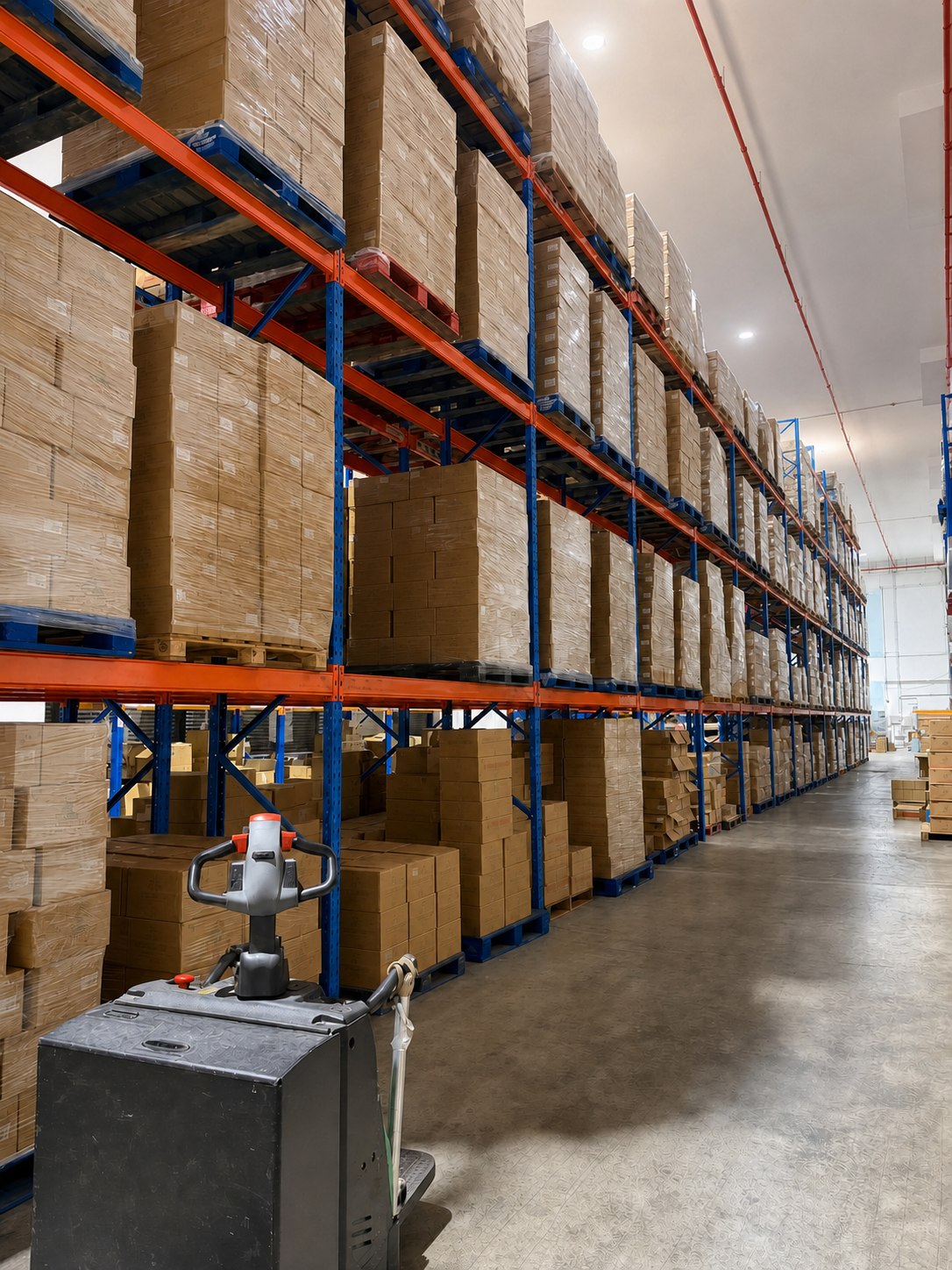 Warehouse inventory and an electric pallet jack in active operations